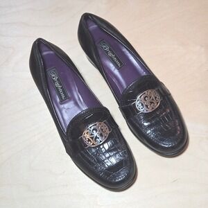 Brighton Author Black Leather‎ Loafers Heels Textured with Ornament Buckle Shoes
